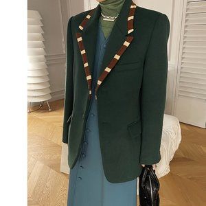 50% Wool Blended Padded Jacket Suit Collar Blazer Green/Brown Contrasted Coats